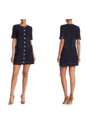 Veronica Beard Navy Contrast-Stitch Front-Button Mini Dress